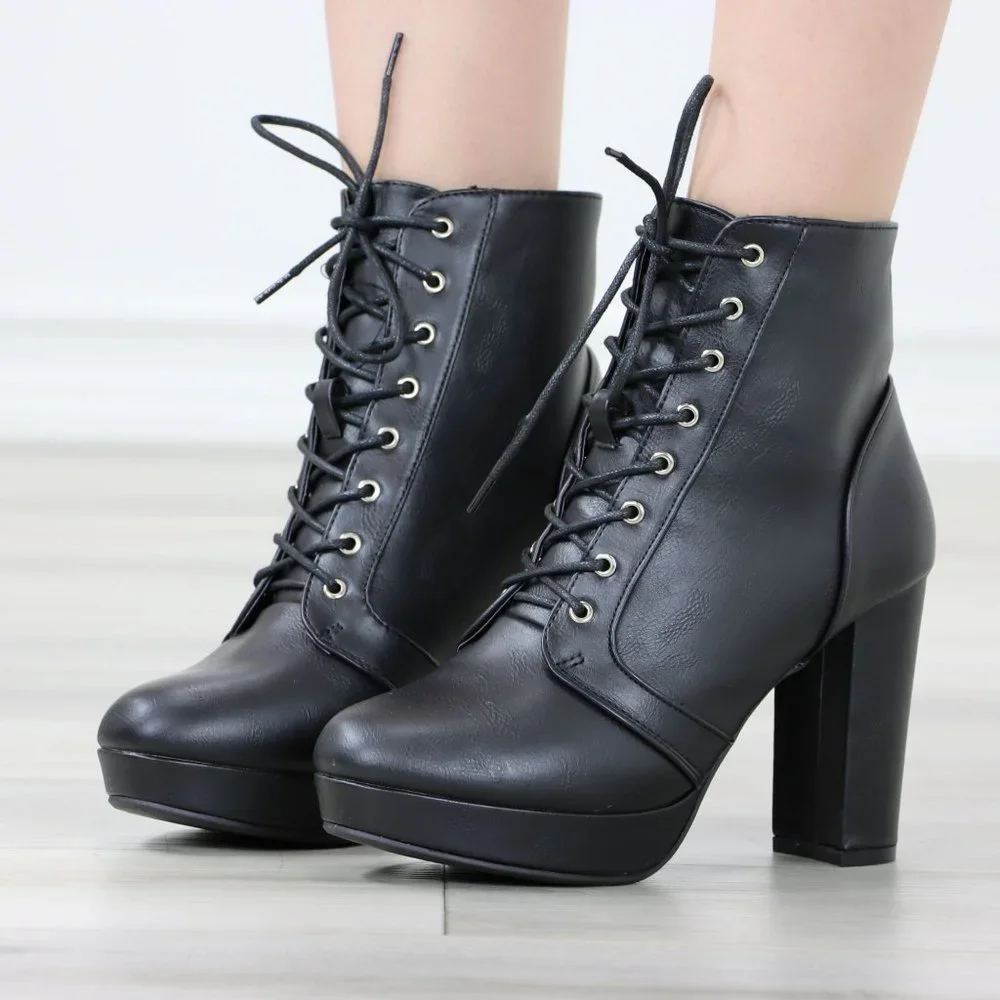Black Ankle Boots Chunky Lug Block Heel Synthetic Leather Round Toe - Picture 11 of 12